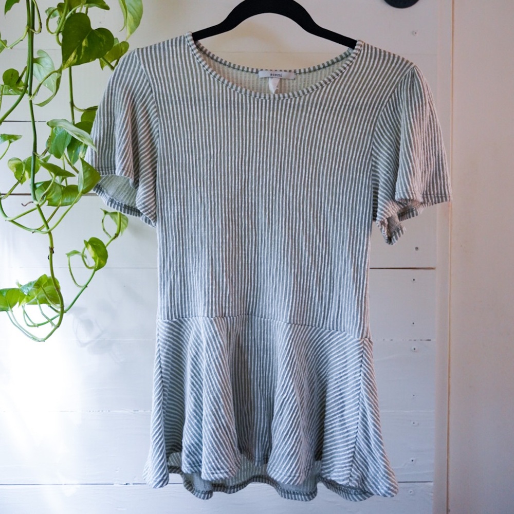 Sage & White Pinstripe Flared Short Sleeve Top